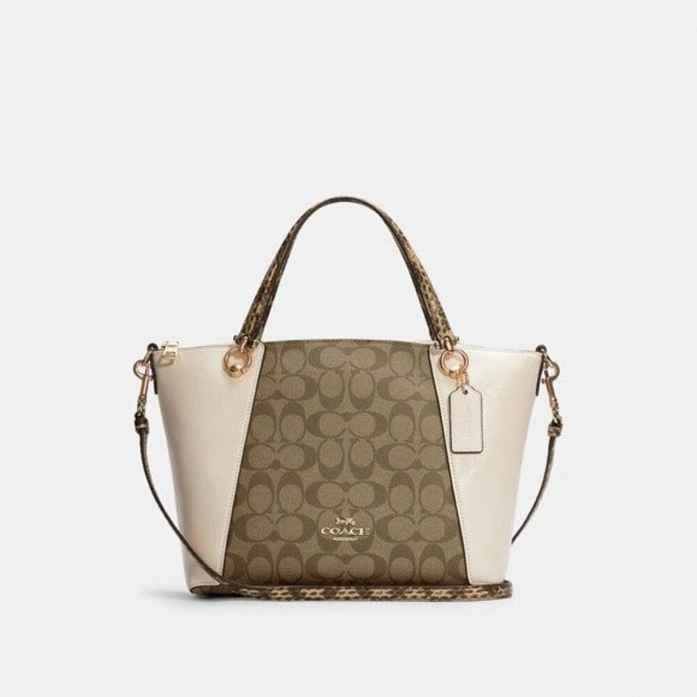 Coach Brown & White Signature Canvas & Leather Mini Tote Crossbody Bag With Adju